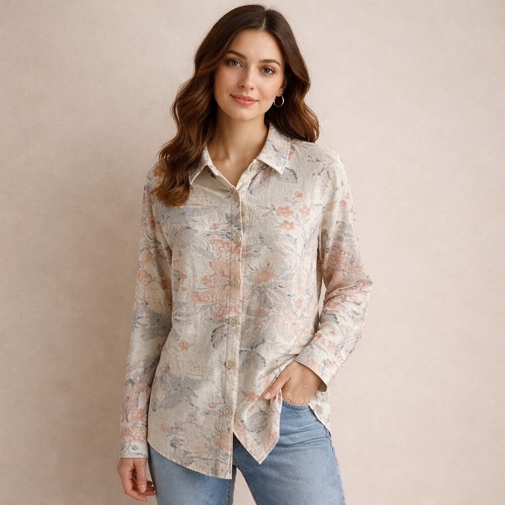 Soft surroundings soft velvet floral button up shirt pockets small classic